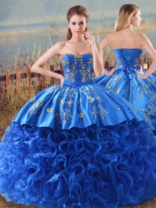 Delicate Royal Blue 15th Birthday Dress Fabric With Rolling Flowers Brush Train Sleeveless Embroidery and Ruffles