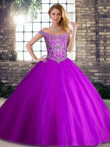 Noble Brush Train Ball Gowns Quinceanera Gown Purple Off The Shoulder Tulle Sleeveless Lace Up