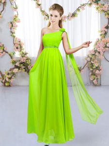 Luxurious Yellow Green One Shoulder Neckline Beading and Hand Made Flower Quinceanera Court of Honor Dress Sleeveless Lace Up
