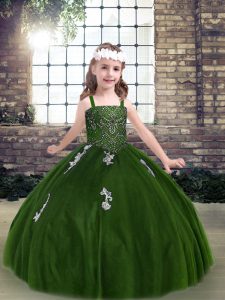Green Ball Gowns Straps Sleeveless Tulle Floor Length Lace Up Appliques Child Pageant Dress