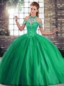 Deluxe Brush Train Ball Gowns Sweet 16 Dresses Green Halter Top Tulle Sleeveless Lace Up