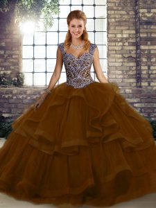 Brown Sleeveless Tulle Lace Up 15 Quinceanera Dress for Military Ball and Sweet 16 and Quinceanera