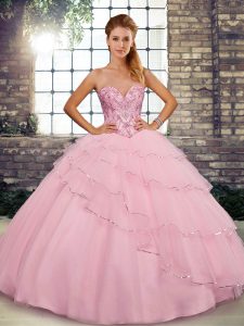Fashionable Baby Pink Lace Up 15th Birthday Dress Beading and Ruffled Layers Sleeveless Brush Train