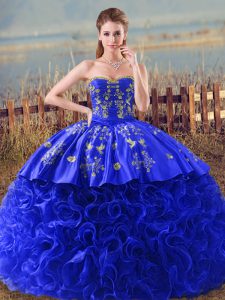 Organza Sweetheart Sleeveless Brush Train Lace Up Embroidery and Ruffles Quince Ball Gowns in Royal Blue