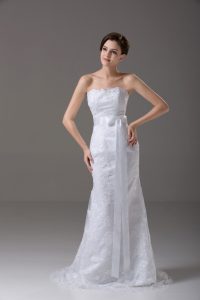 White Mermaid Tulle Strapless Sleeveless Lace and Belt Zipper Wedding Gowns Brush Train