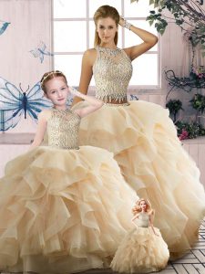 Scoop Sleeveless Zipper Sweet 16 Quinceanera Dress Champagne Tulle
