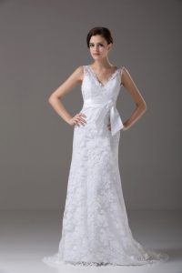 Exquisite White Column/Sheath Lace V-neck Sleeveless Lace and Belt Backless Wedding Dresses Brush Train