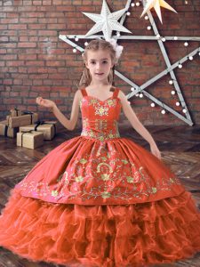 Straps Sleeveless Lace Up Girls Pageant Dresses Orange Red Satin and Organza