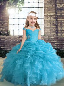 Fashionable Blue Sleeveless Floor Length Beading and Ruffles and Pick Ups Lace Up Little Girl Pageant Dress