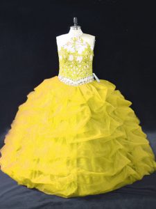 Gold Organza Backless Quinceanera Dress Sleeveless Floor Length Appliques and Pick Ups