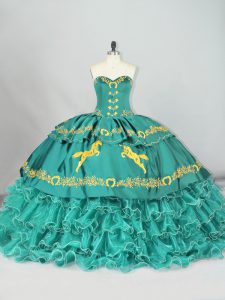 Ball Gowns Sleeveless Turquoise Quinceanera Dresses Brush Train Lace Up