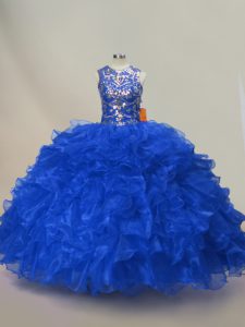Top Selling Sleeveless Floor Length Ruffles and Sequins Lace Up Quinceanera Gowns with Royal Blue