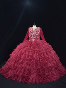 Burgundy Quince Ball Gowns Sweet 16 and Quinceanera with Ruffled Layers V-neck Long Sleeves Lace Up