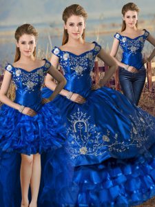 Elegant Royal Blue Satin and Organza Lace Up Off The Shoulder Sleeveless Floor Length Quince Ball Gowns Embroidery and Ruffled Layers