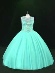 Deluxe Floor Length Turquoise 15th Birthday Dress Tulle Sleeveless Beading
