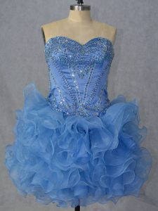 Designer Sleeveless Mini Length Beading and Ruffles Lace Up Prom Gown with Blue