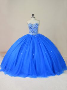 Noble Blue Tulle Lace Up 15th Birthday Dress Sleeveless Floor Length Beading