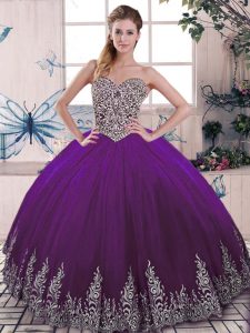 Tulle Sweetheart Sleeveless Lace Up Beading and Embroidery Ball Gown Prom Dress in Purple