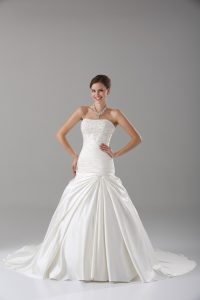Superior White Lace Up Strapless Beading Wedding Gown Taffeta Sleeveless Brush Train
