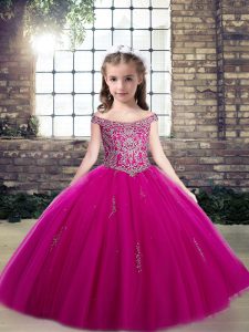 Fuchsia Ball Gowns Off The Shoulder Sleeveless Tulle Floor Length Lace Up Beading Little Girls Pageant Gowns