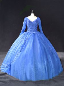 Unique V-neck Long Sleeves Lace Up Quinceanera Gown Blue Tulle