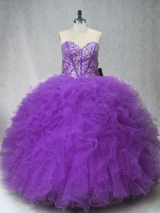 Admirable Purple Sweetheart Neckline Beading and Ruffles Ball Gown Prom Dress Sleeveless Lace Up