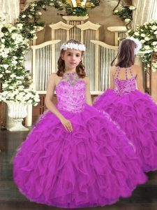 Hot Sale Halter Top Sleeveless Tulle Little Girl Pageant Dress Beading and Ruffles Lace Up