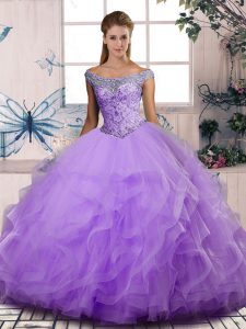 Off The Shoulder Sleeveless 15 Quinceanera Dress Floor Length Beading and Ruffles Lavender Tulle