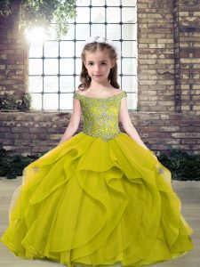 Sleeveless Tulle Floor Length Lace Up Pageant Gowns For Girls in Olive Green with Beading