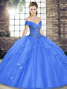 Fancy Off The Shoulder Sleeveless Lace Up Sweet 16 Dress Blue Tulle