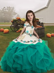 Custom Made Teal Ball Gowns Tulle Straps Sleeveless Embroidery Floor Length Lace Up Pageant Dress for Teens
