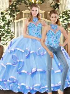 Halter Top Sleeveless Organza Sweet 16 Dress Embroidery and Ruffled Layers Lace Up