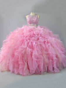 High Class Pink Sleeveless Floor Length Beading and Ruffles Lace Up Sweet 16 Dress
