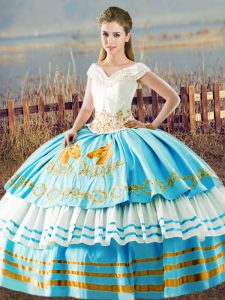 Designer Blue And White Lace Up Quince Ball Gowns Embroidery and Ruffled Layers Sleeveless Floor Length