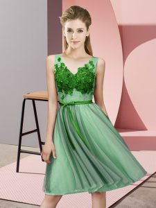 Beauteous Sleeveless Knee Length Appliques Lace Up Dama Dress with Green