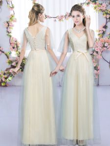 Champagne Tulle Lace Up V-neck Sleeveless Floor Length Dama Dress Lace and Bowknot