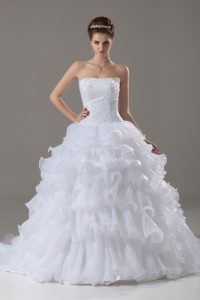 Clearance White Wedding Dress Strapless Sleeveless Brush Train Lace Up
