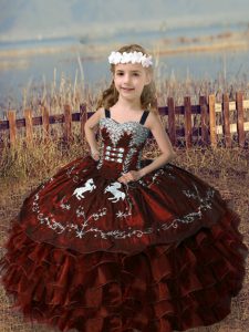 Top Selling Rust Red Ball Gowns Organza Straps Sleeveless Embroidery and Ruffled Layers Floor Length Lace Up Girls Pageant Dresses