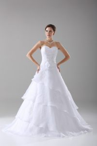 White Organza Lace Up Bridal Gown Sleeveless Brush Train Beading and Ruffled Layers and Hand Made Flower