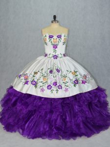 On Sale Floor Length Lace Up Quince Ball Gowns White And Purple for Sweet 16 and Quinceanera with Embroidery and Ruffles