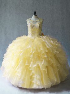 Glorious Yellow Ball Gowns Scoop Sleeveless Organza Floor Length Lace Up Beading and Ruffles Sweet 16 Quinceanera Dress