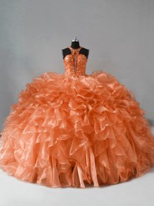 Orange Ball Gowns Halter Top Sleeveless Organza Brush Train Zipper Beading and Ruffles Vestidos de Quinceanera