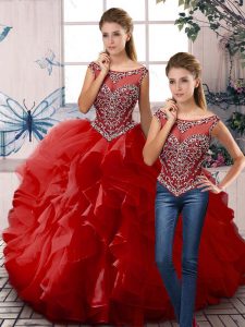 Customized Red Zipper Scoop Beading and Ruffles Sweet 16 Quinceanera Dress Organza Sleeveless