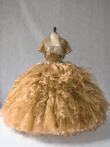 Brown Ball Gowns Beading and Ruffles Ball Gown Prom Dress Lace Up Organza Sleeveless Floor Length