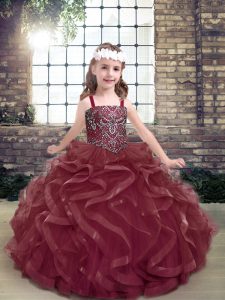 Simple Burgundy Sleeveless Organza Lace Up Little Girl Pageant Dress for Party and Military Ball and Wedding Party