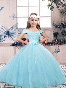 Aqua Blue Ball Gowns Off The Shoulder Sleeveless Tulle Floor Length Lace Up Lace and Belt Pageant Gowns For Girls