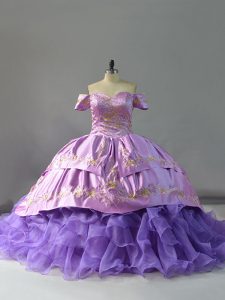 Lavender Sleeveless Chapel Train Embroidery and Ruffles Ball Gown Prom Dress