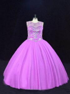 Tulle Scoop Sleeveless Lace Up Beading Sweet 16 Quinceanera Dress in Lilac