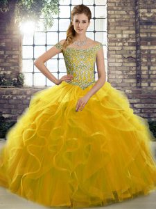 Lovely Gold Tulle Lace Up Off The Shoulder Sleeveless Sweet 16 Dress Brush Train Beading and Ruffles