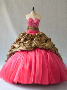 Cheap Coral Red Ball Gowns Organza V-neck Sleeveless Beading and Pick Ups Floor Length Lace Up Quinceanera Dress